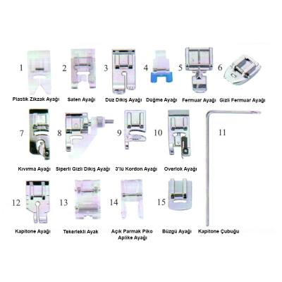 15 Parça Ev Tipi Dikiş Makine Ayak Seti (7mm)